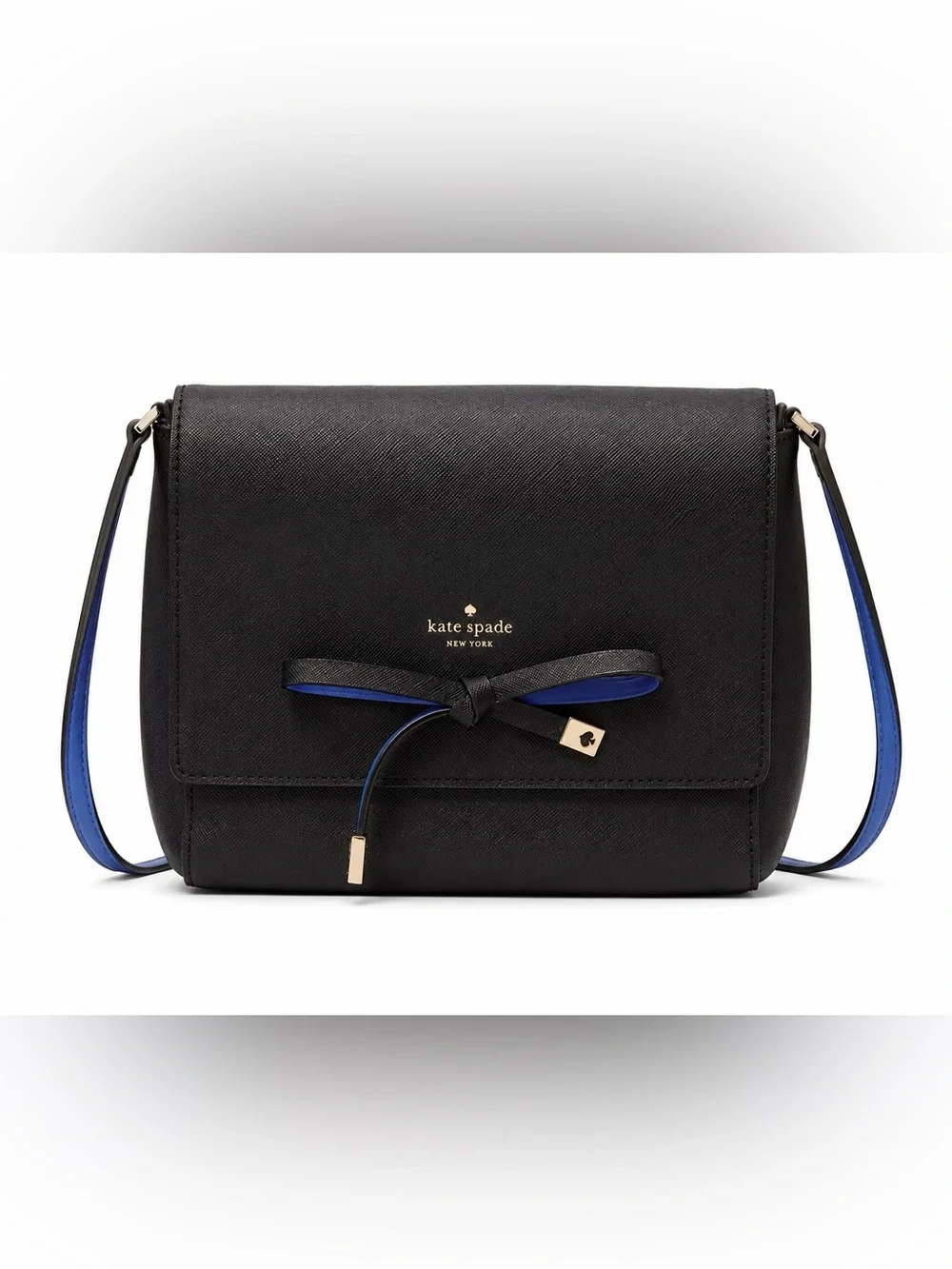 Kate Spade Bow Details Black Leather Crossbody with Blue Accents